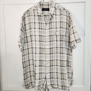Tasso Elba Silk Linen Blend Mens Short Sleeve Button Up Shirt XL Plaid Brown Tan
